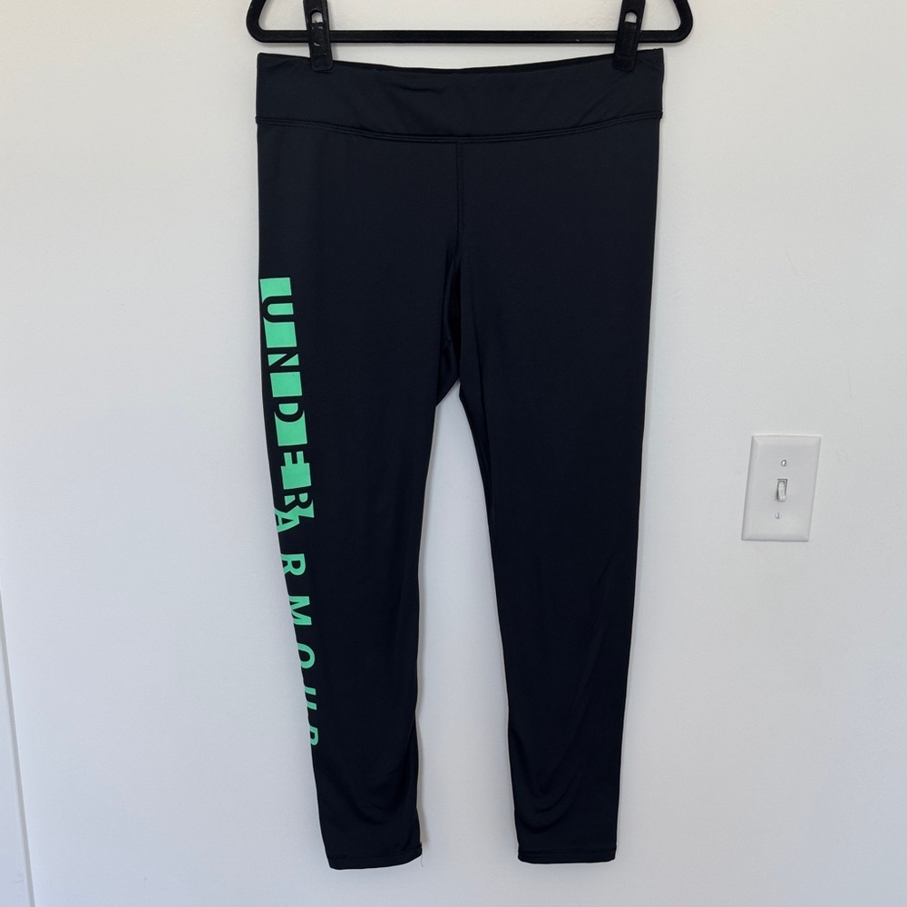 Under Armour Women's Black Leggings with Green Logo - Size L
